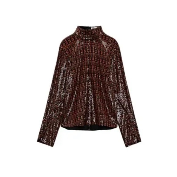ZARA High Collar Long Sleeve Sequin Top in Medium - Picture 2 of 5